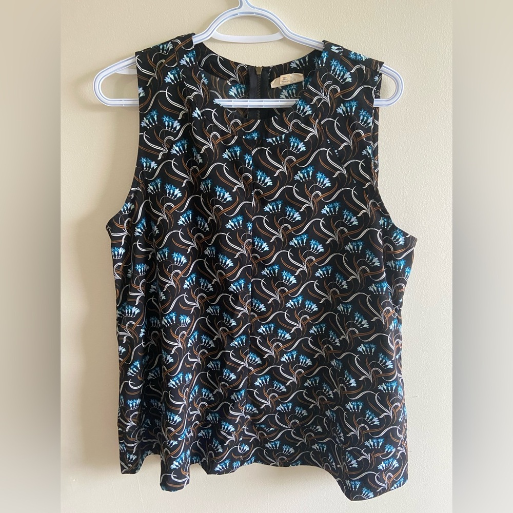 Size XL. Maison Jules Black Sleeveless Tank with Blue and Brown Floral Motif.